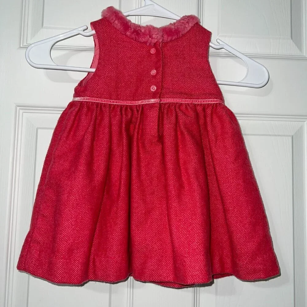 Baby Gap Toddler Girl Herringbone Fur Trim Collar Holiday Dress Wool Size 12-18M